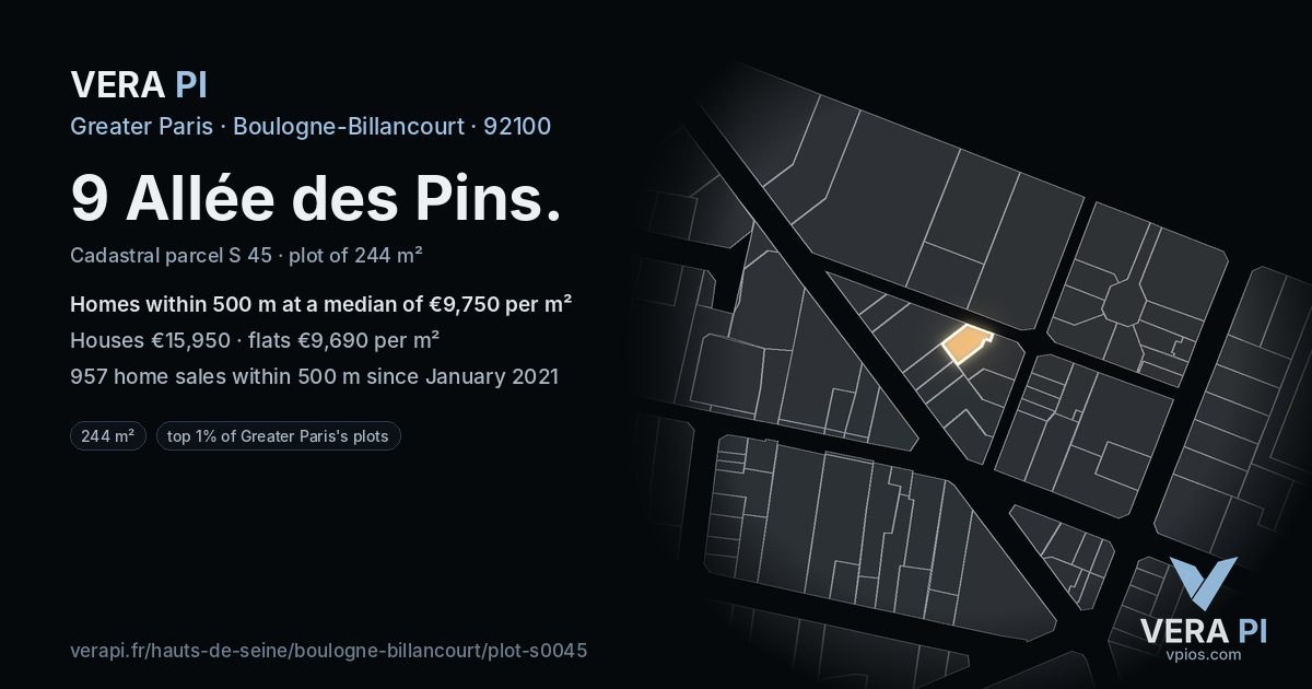 9 Allée des Pins, Boulogne-Billancourt at night – the plot lit, the parcels around coloured by the prices near them