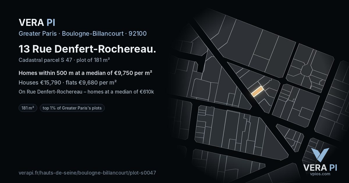 13 Rue Denfert-Rochereau, Boulogne-Billancourt at night – the plot lit, the parcels around coloured by the prices near them