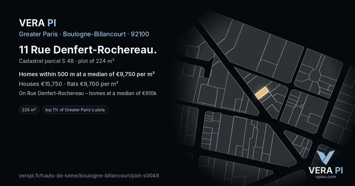 11 Rue Denfert-Rochereau, Boulogne-Billancourt at night – the plot lit, the parcels around coloured by the prices near them