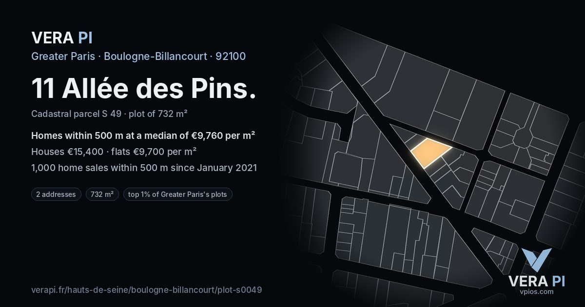 11 Allée des Pins, Boulogne-Billancourt at night – the plot lit, the parcels around coloured by the prices near them