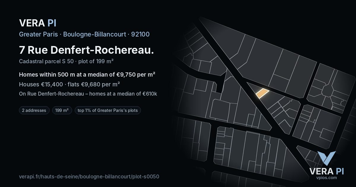 7 Rue Denfert-Rochereau, Boulogne-Billancourt at night – the plot lit, the parcels around coloured by the prices near them