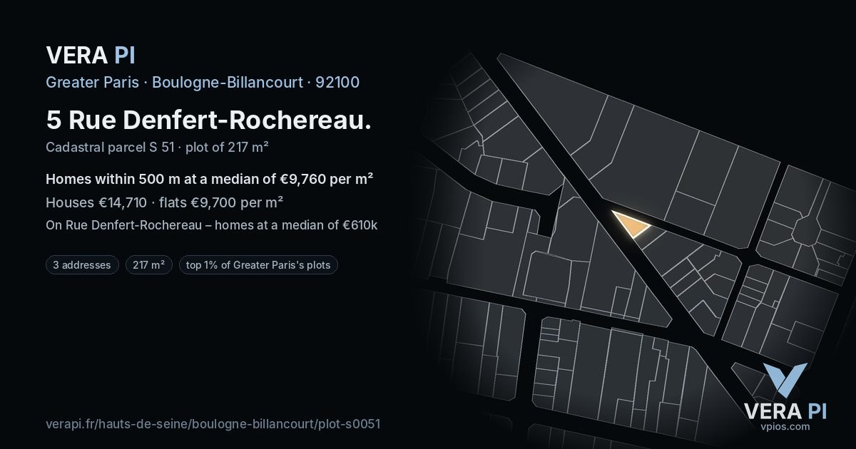 5 Rue Denfert-Rochereau, Boulogne-Billancourt at night – the plot lit, the parcels around coloured by the prices near them