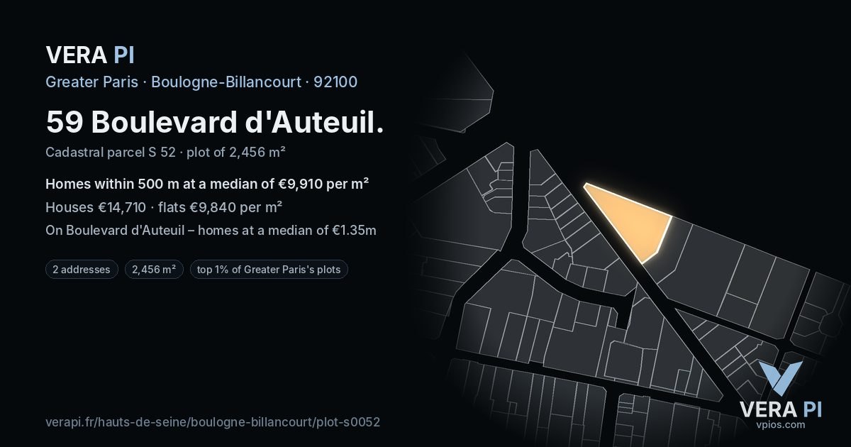 59 Boulevard d'Auteuil, Boulogne-Billancourt at night – the plot lit, the parcels around coloured by the prices near them