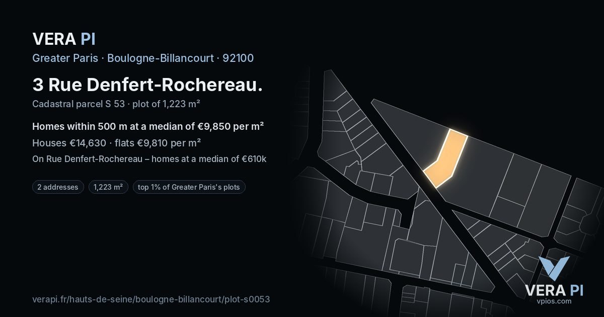 3 Rue Denfert-Rochereau, Boulogne-Billancourt at night – the plot lit, the parcels around coloured by the prices near them