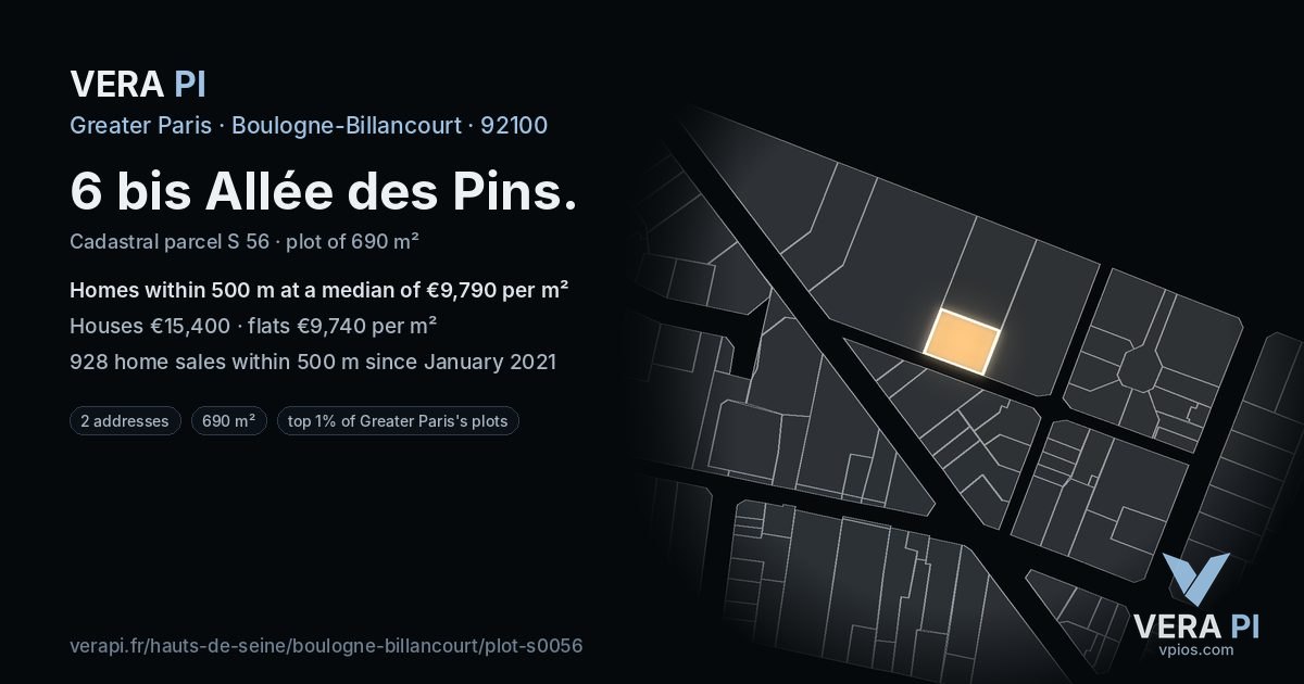 6 bis Allée des Pins, Boulogne-Billancourt at night – the plot lit, the parcels around coloured by the prices near them