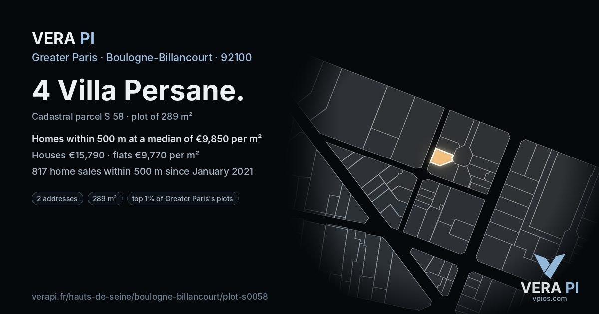 4 Villa Persane, Boulogne-Billancourt at night – the plot lit, the parcels around coloured by the prices near them
