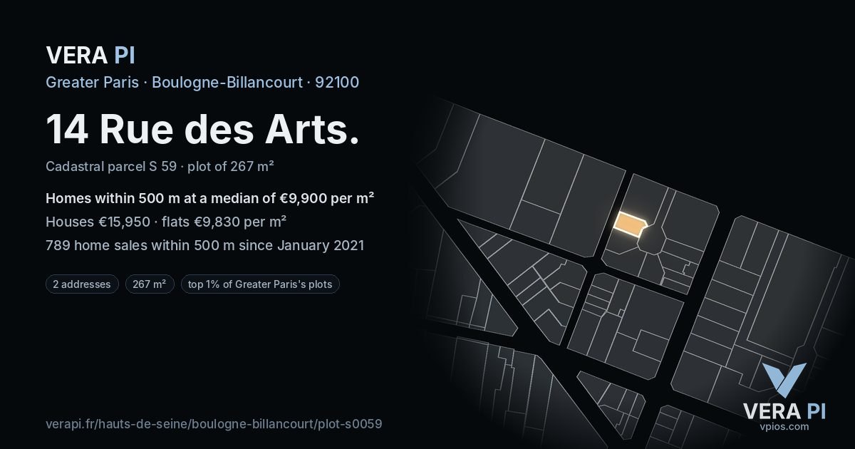 14 Rue des Arts, Boulogne-Billancourt at night – the plot lit, the parcels around coloured by the prices near them