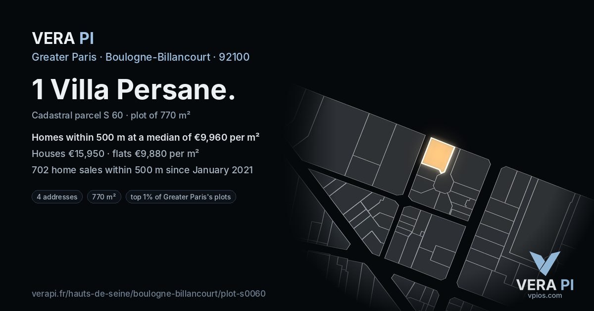 1 Villa Persane, Boulogne-Billancourt at night – the plot lit, the parcels around coloured by the prices near them