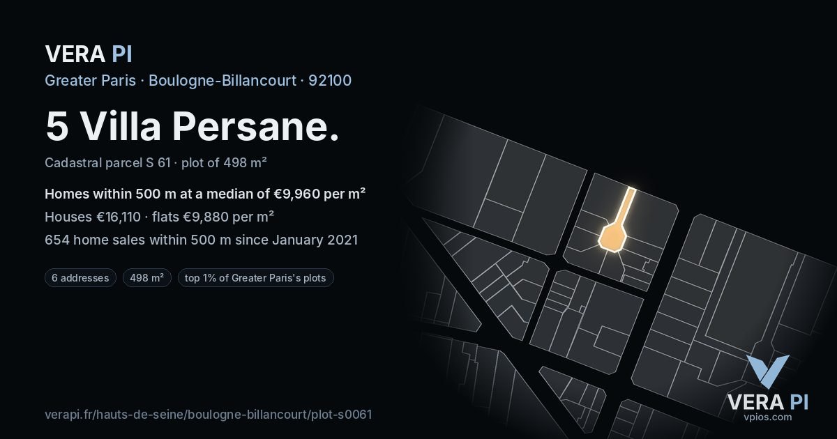5 Villa Persane, Boulogne-Billancourt at night – the plot lit, the parcels around coloured by the prices near them