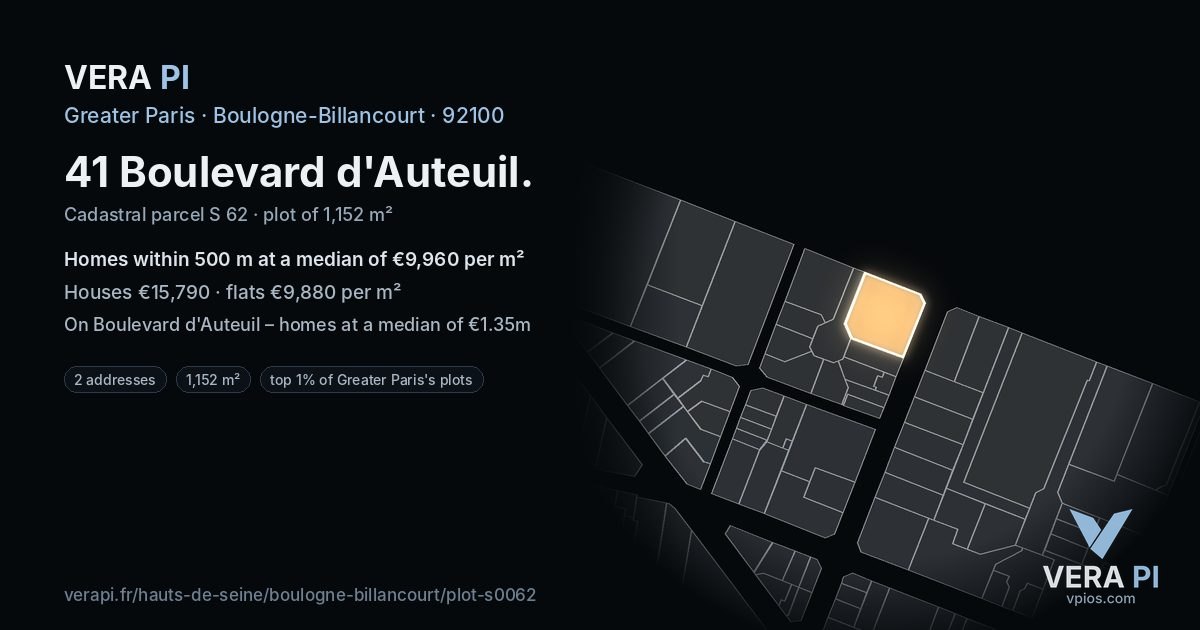 41 Boulevard d'Auteuil, Boulogne-Billancourt at night – the plot lit, the parcels around coloured by the prices near them