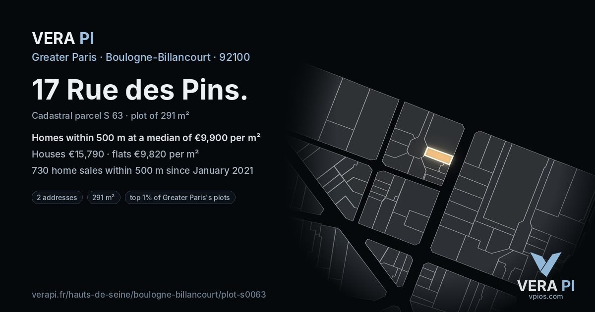17 Rue des Pins, Boulogne-Billancourt at night – the plot lit, the parcels around coloured by the prices near them