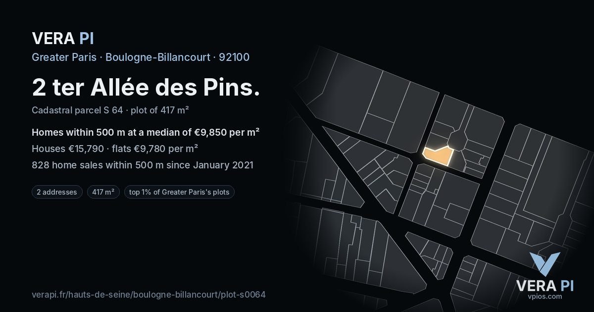 2 ter Allée des Pins, Boulogne-Billancourt at night – the plot lit, the parcels around coloured by the prices near them
