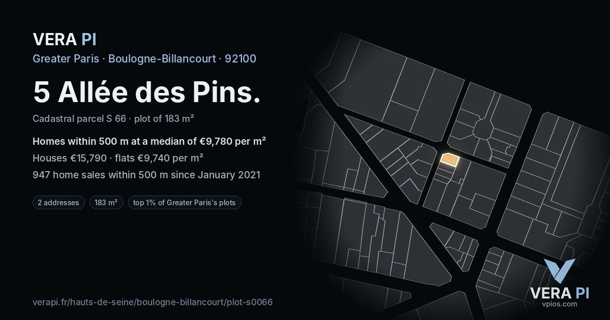 5 Allée des Pins, Boulogne-Billancourt at night – the plot lit, the parcels around coloured by the prices near them