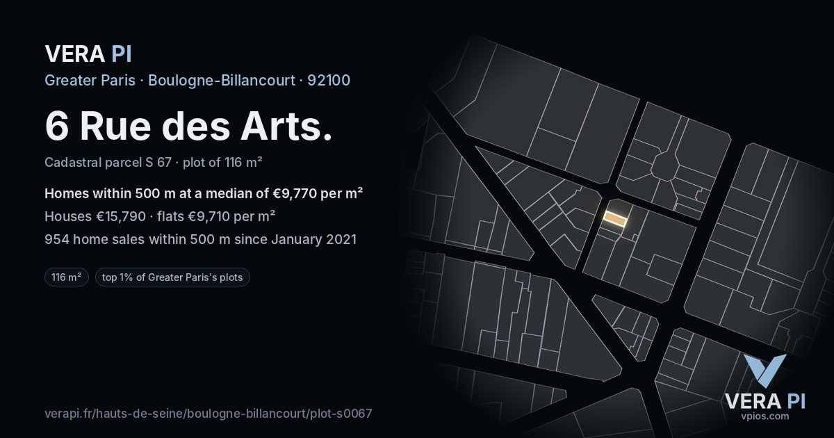 6 Rue des Arts, Boulogne-Billancourt at night – the plot lit, the parcels around coloured by the prices near them