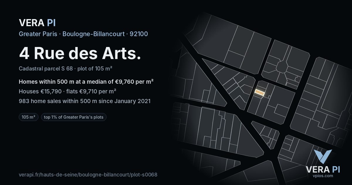 4 Rue des Arts, Boulogne-Billancourt at night – the plot lit, the parcels around coloured by the prices near them