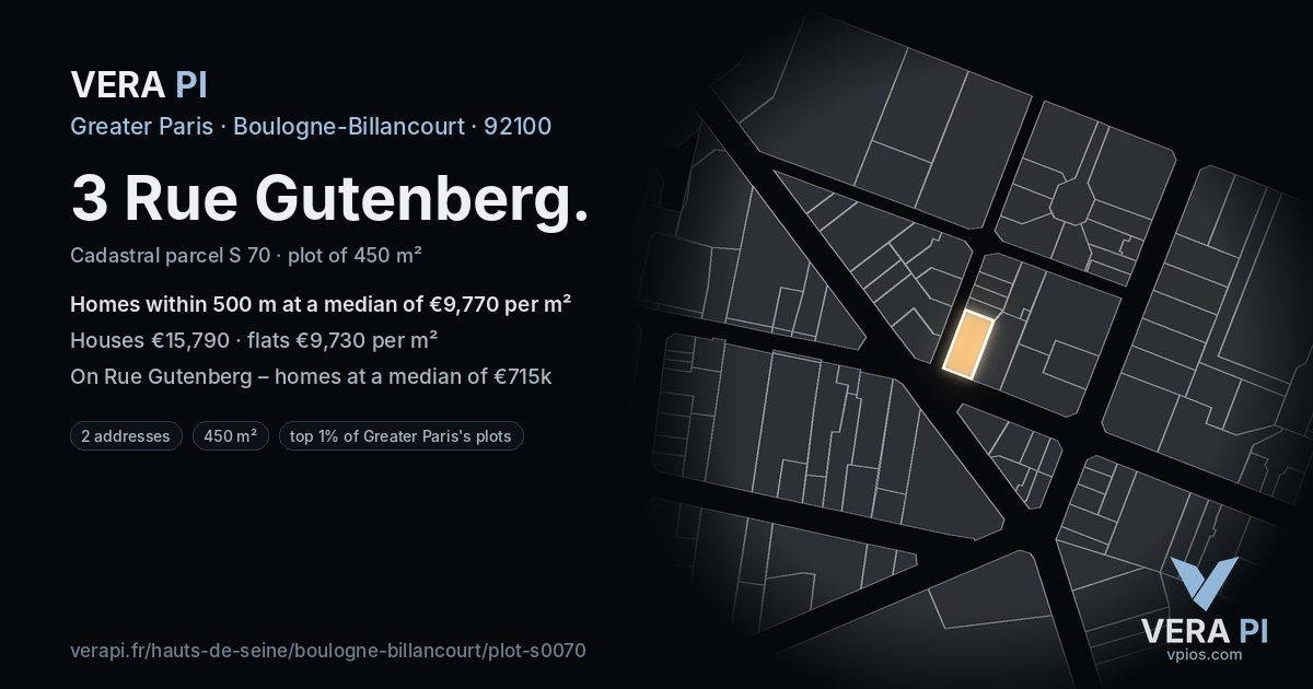 3 Rue Gutenberg, Boulogne-Billancourt at night – the plot lit, the parcels around coloured by the prices near them