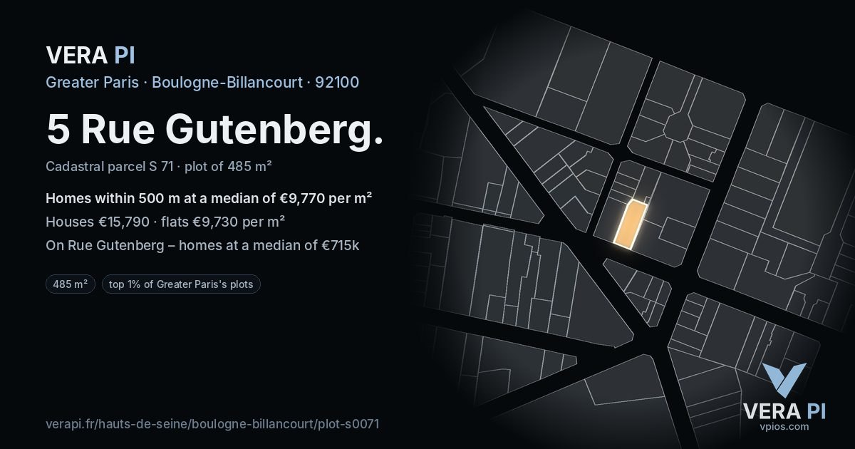 5 Rue Gutenberg, Boulogne-Billancourt at night – the plot lit, the parcels around coloured by the prices near them