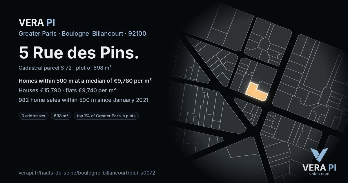 5 Rue des Pins, Boulogne-Billancourt at night – the plot lit, the parcels around coloured by the prices near them