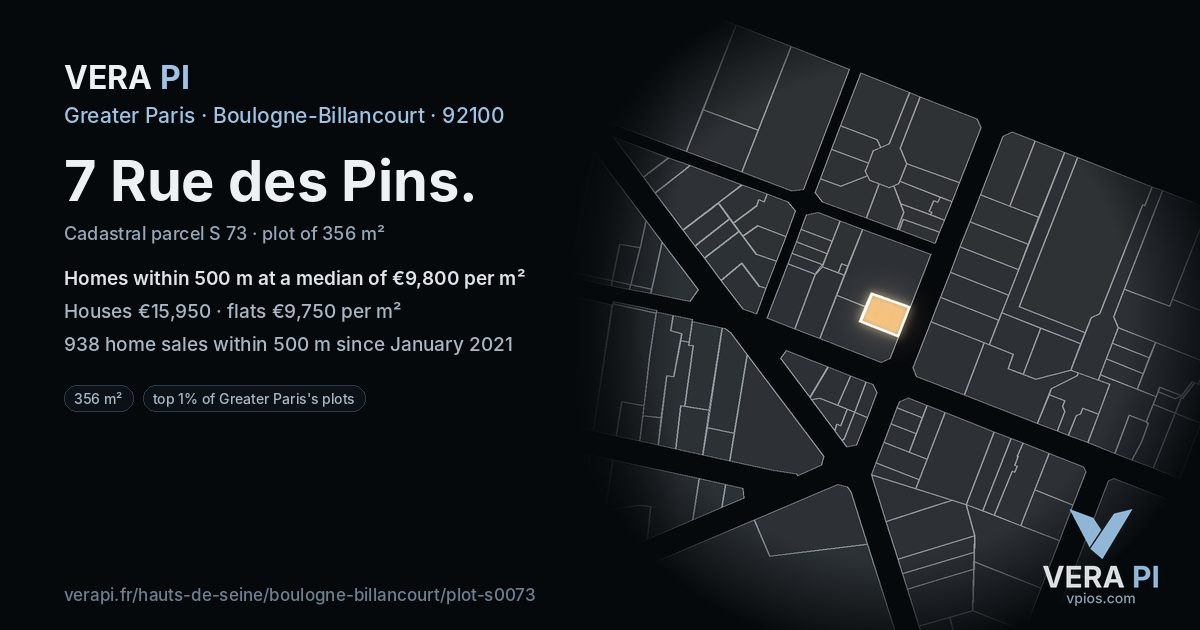 7 Rue des Pins, Boulogne-Billancourt at night – the plot lit, the parcels around coloured by the prices near them