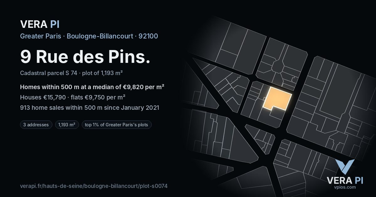 9 Rue des Pins, Boulogne-Billancourt at night – the plot lit, the parcels around coloured by the prices near them