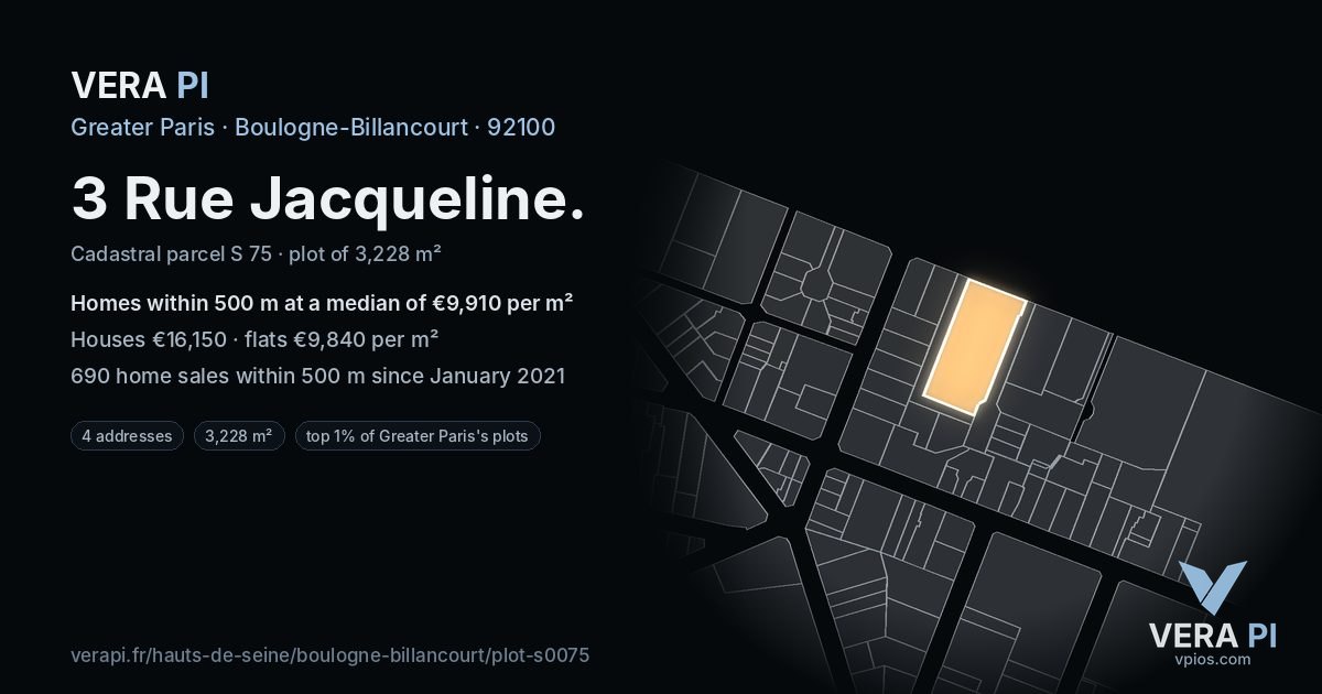 3 Rue Jacqueline, Boulogne-Billancourt at night – the plot lit, the parcels around coloured by the prices near them
