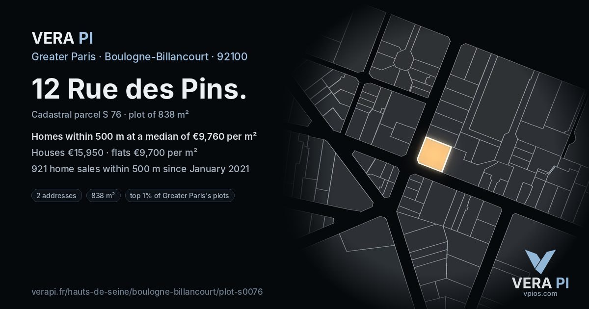 12 Rue des Pins, Boulogne-Billancourt at night – the plot lit, the parcels around coloured by the prices near them