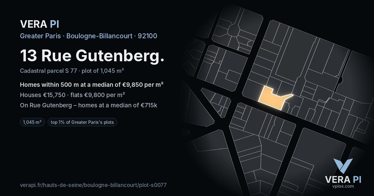 13 Rue Gutenberg, Boulogne-Billancourt at night – the plot lit, the parcels around coloured by the prices near them