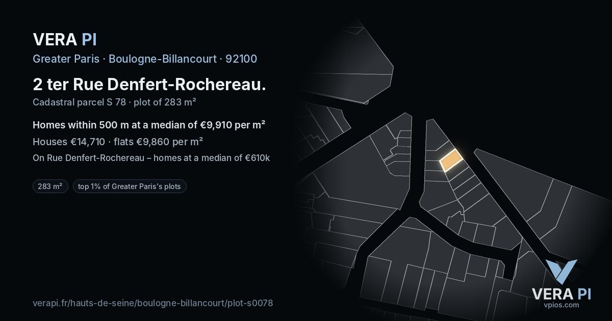 2 ter Rue Denfert-Rochereau, Boulogne-Billancourt at night – the plot lit, the parcels around coloured by the prices near them