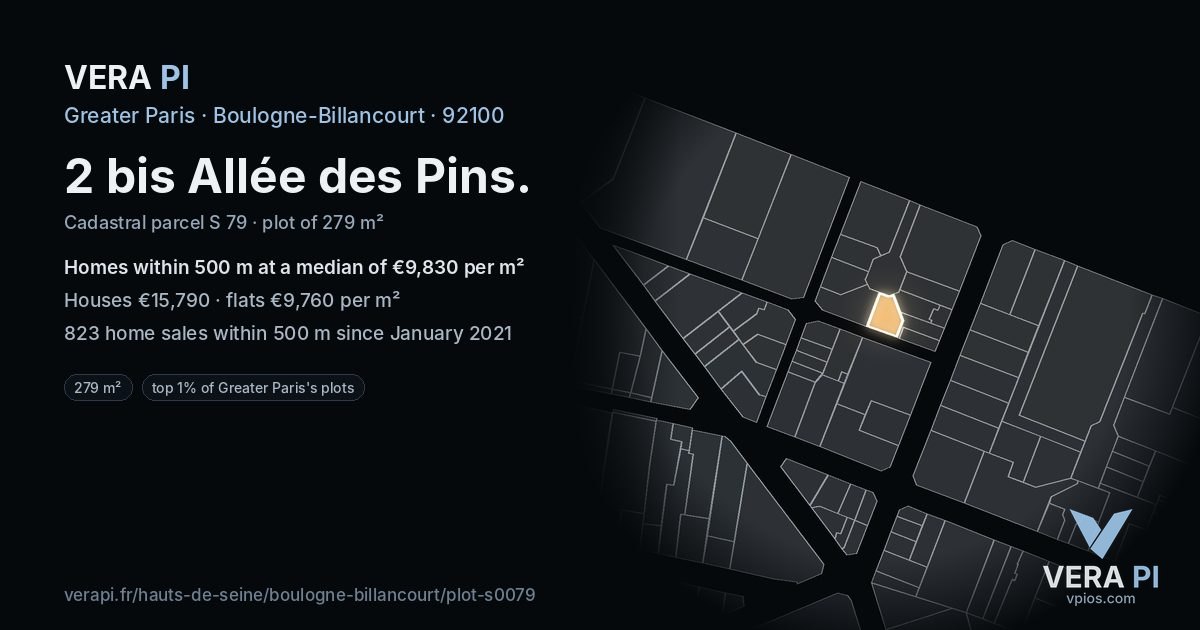 2 bis Allée des Pins, Boulogne-Billancourt at night – the plot lit, the parcels around coloured by the prices near them