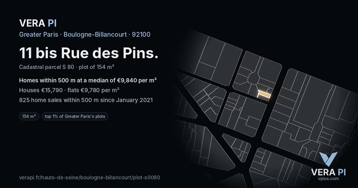 11 bis Rue des Pins, Boulogne-Billancourt at night – the plot lit, the parcels around coloured by the prices near them