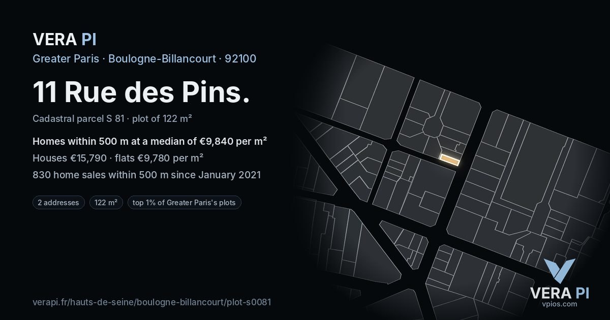 11 Rue des Pins, Boulogne-Billancourt at night – the plot lit, the parcels around coloured by the prices near them