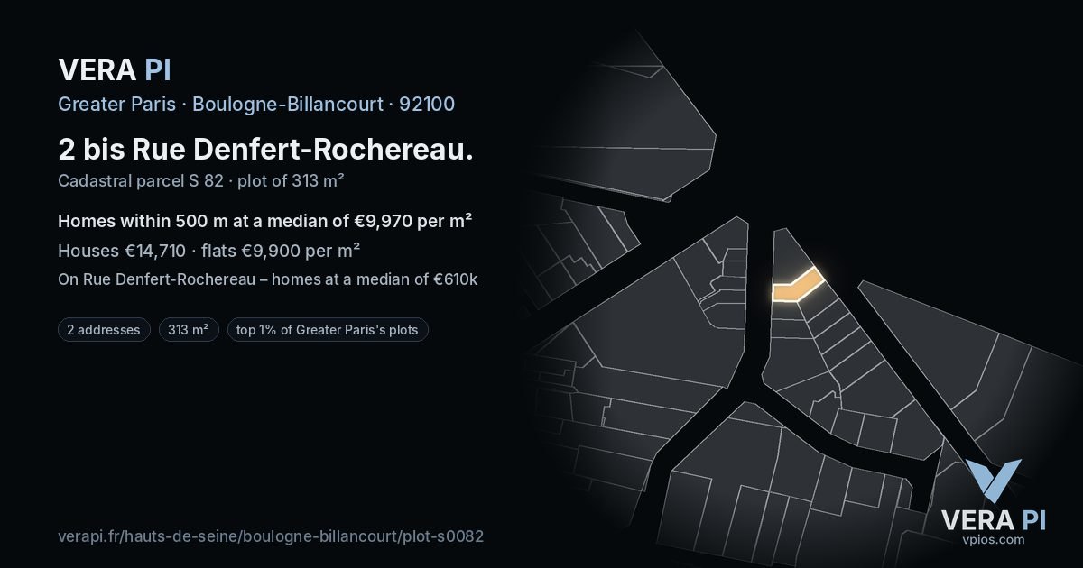 2 bis Rue Denfert-Rochereau, Boulogne-Billancourt at night – the plot lit, the parcels around coloured by the prices near them