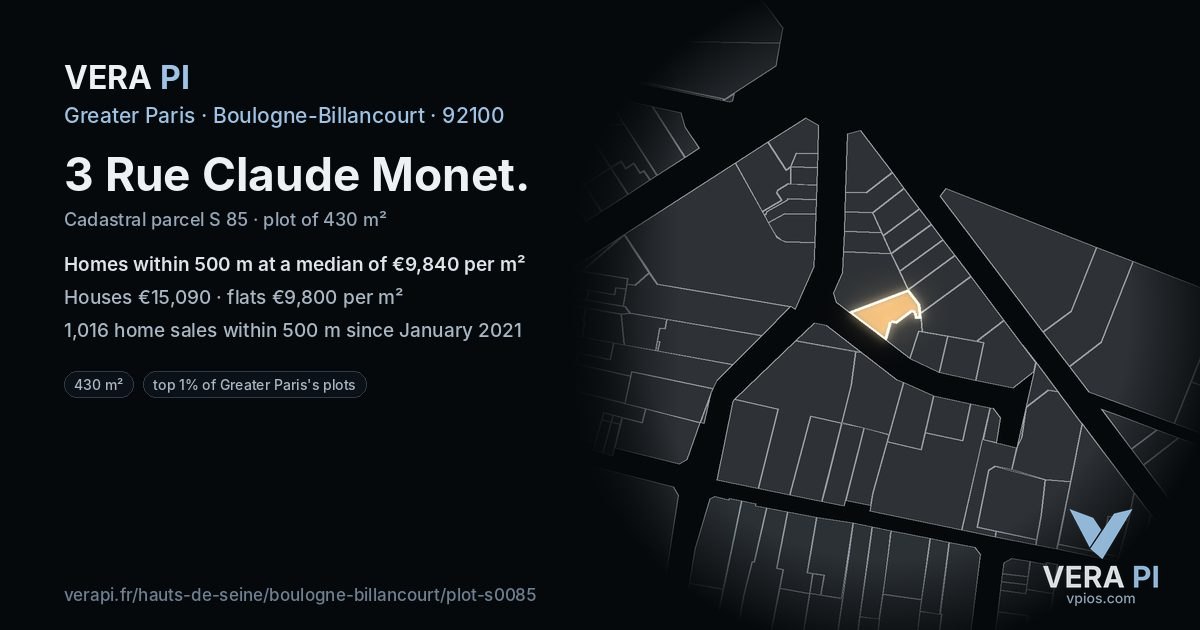 3 Rue Claude Monet, Boulogne-Billancourt at night – the plot lit, the parcels around coloured by the prices near them