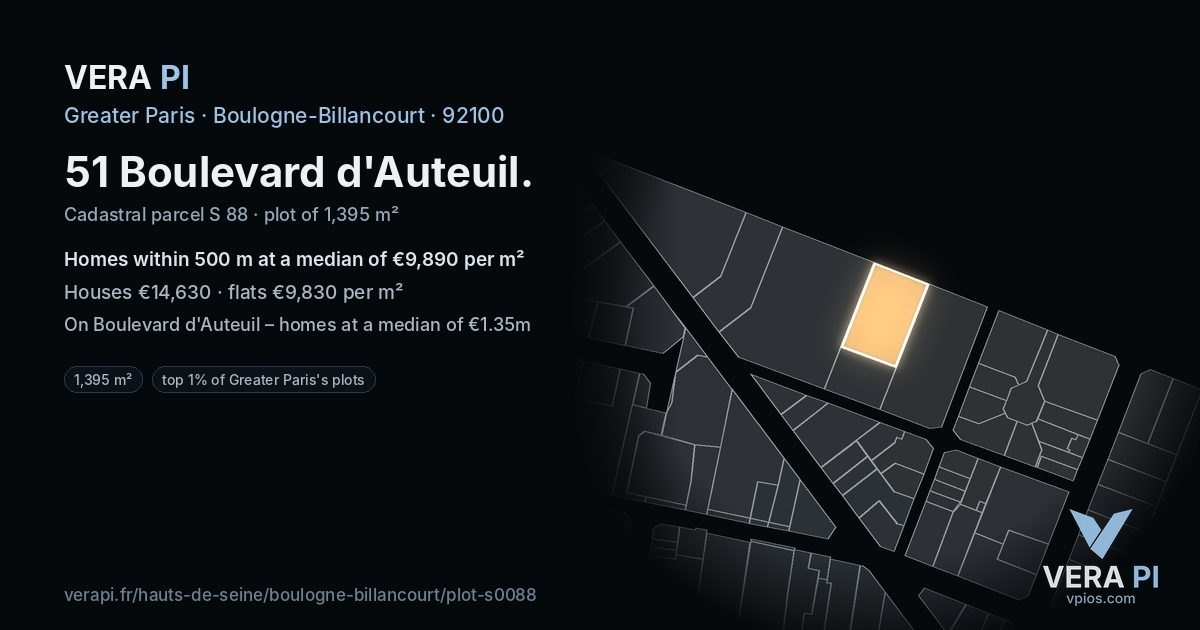 51 Boulevard d'Auteuil, Boulogne-Billancourt at night – the plot lit, the parcels around coloured by the prices near them