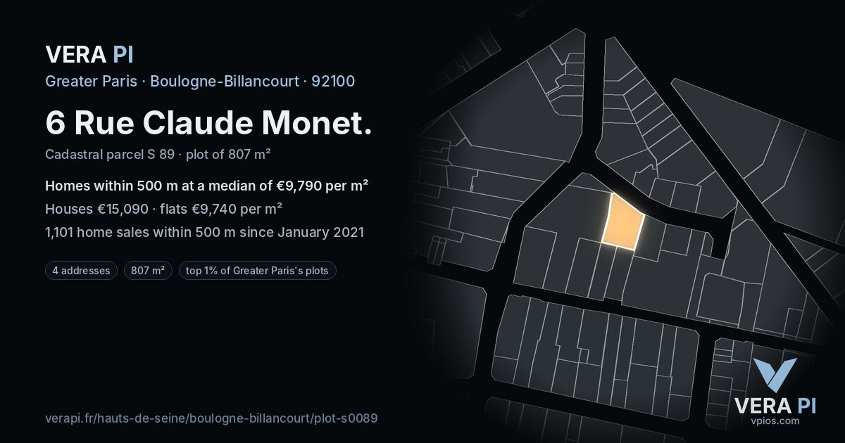 6 Rue Claude Monet, Boulogne-Billancourt at night – the plot lit, the parcels around coloured by the prices near them