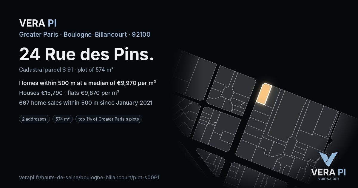 24 Rue des Pins, Boulogne-Billancourt at night – the plot lit, the parcels around coloured by the prices near them