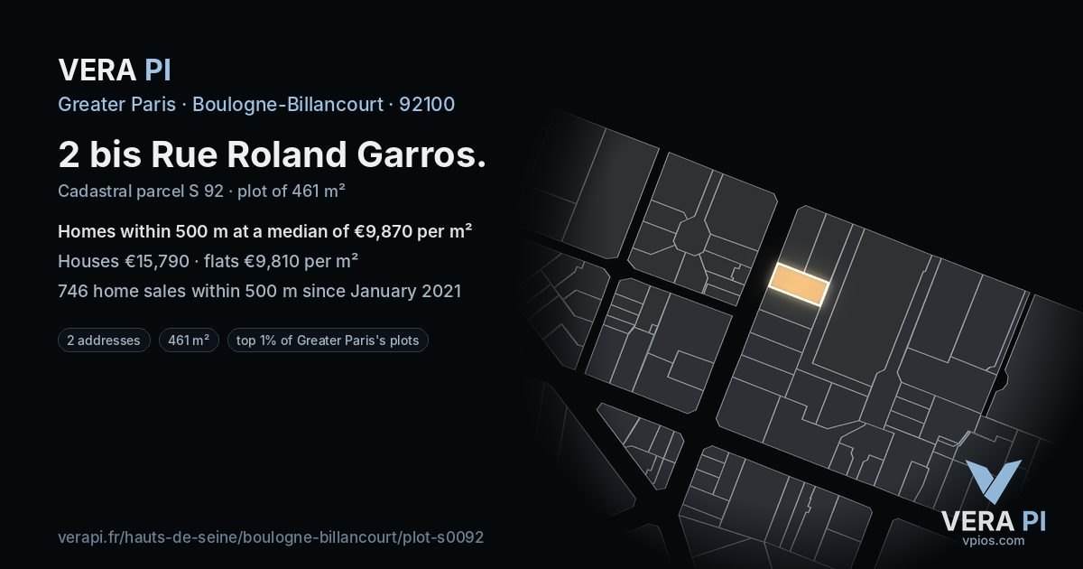 2 bis Rue Roland Garros, Boulogne-Billancourt at night – the plot lit, the parcels around coloured by the prices near them