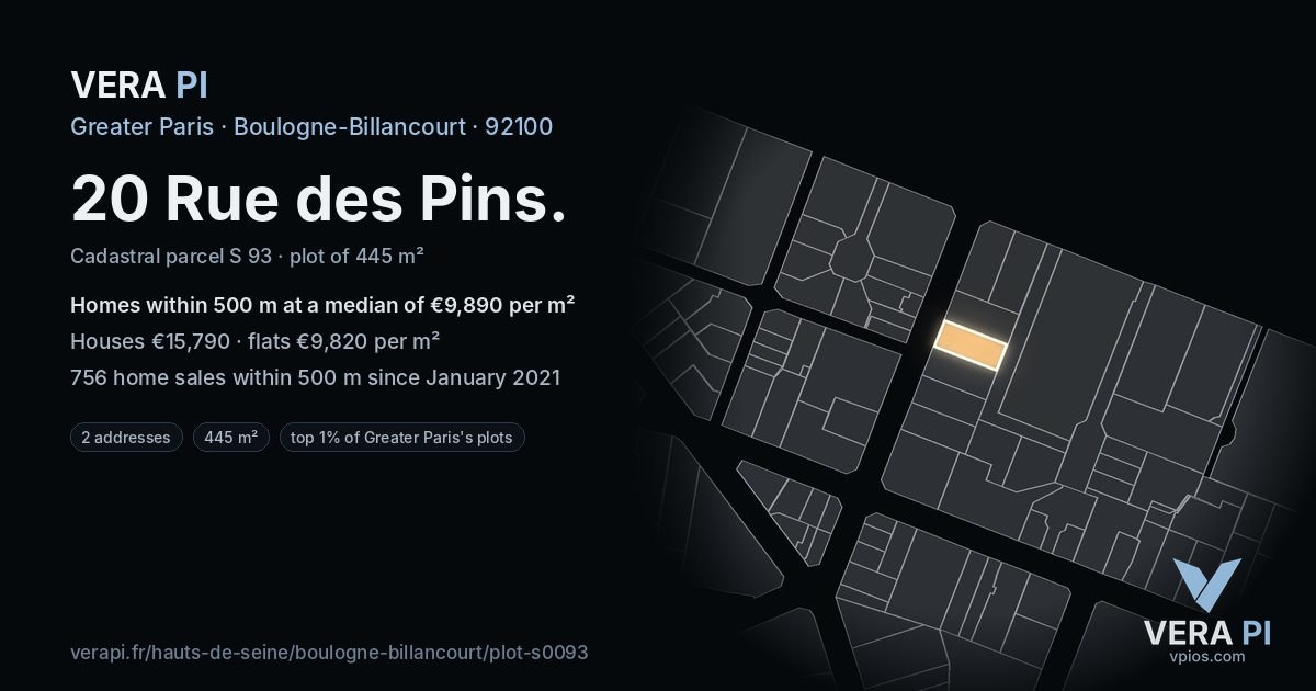 20 Rue des Pins, Boulogne-Billancourt at night – the plot lit, the parcels around coloured by the prices near them