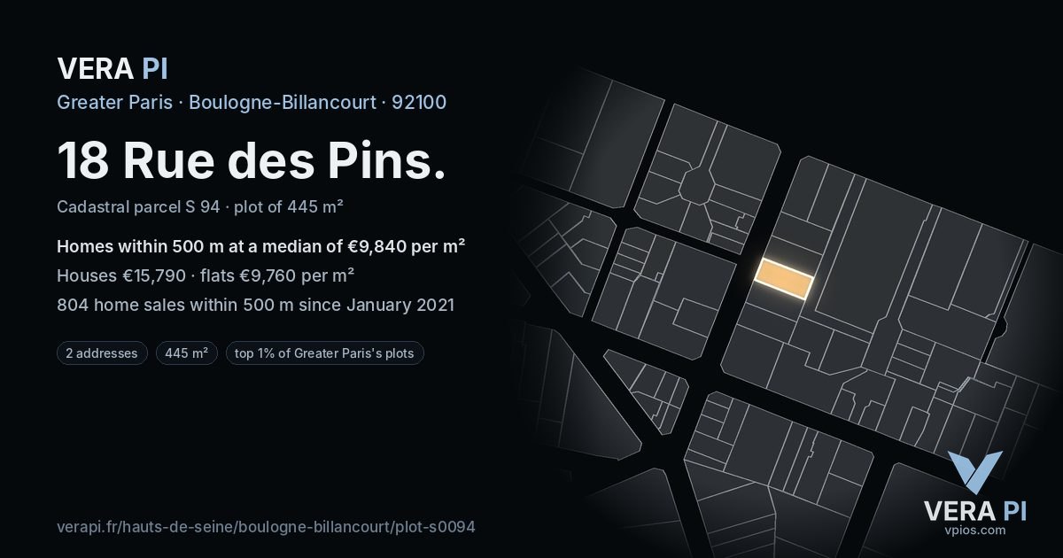 18 Rue des Pins, Boulogne-Billancourt at night – the plot lit, the parcels around coloured by the prices near them