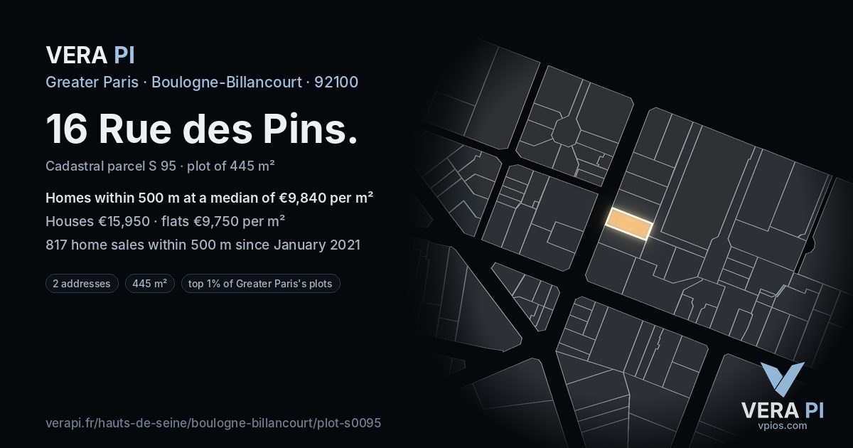 16 Rue des Pins, Boulogne-Billancourt at night – the plot lit, the parcels around coloured by the prices near them