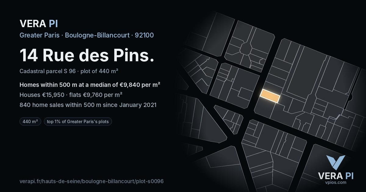 14 Rue des Pins, Boulogne-Billancourt at night – the plot lit, the parcels around coloured by the prices near them