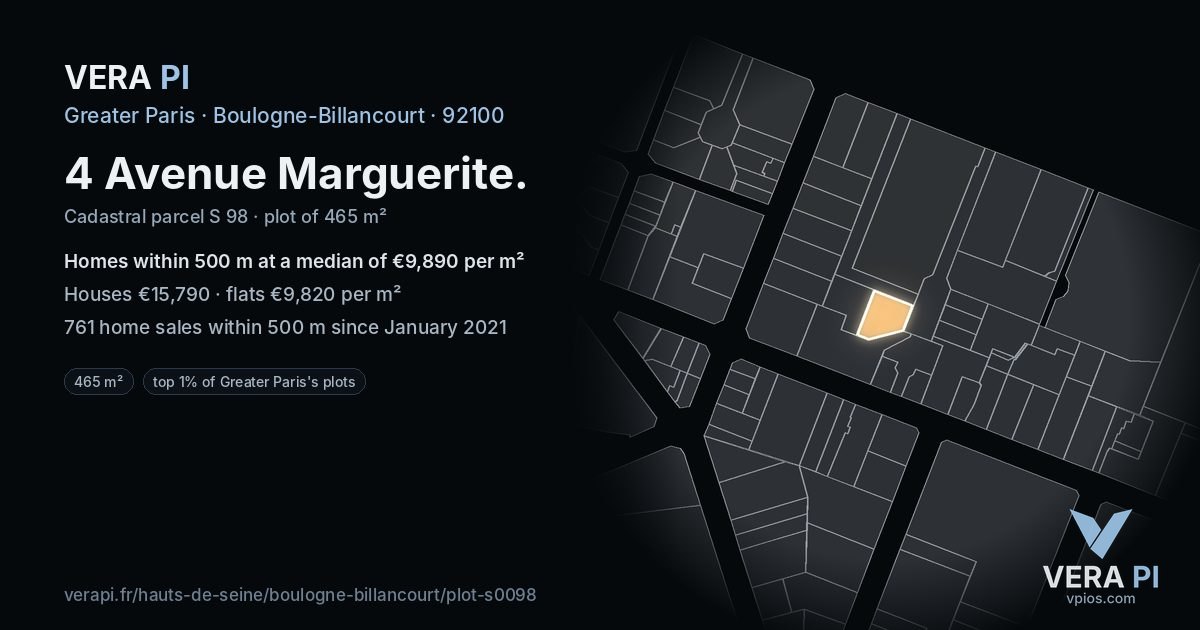 4 Avenue Marguerite, Boulogne-Billancourt at night – the plot lit, the parcels around coloured by the prices near them