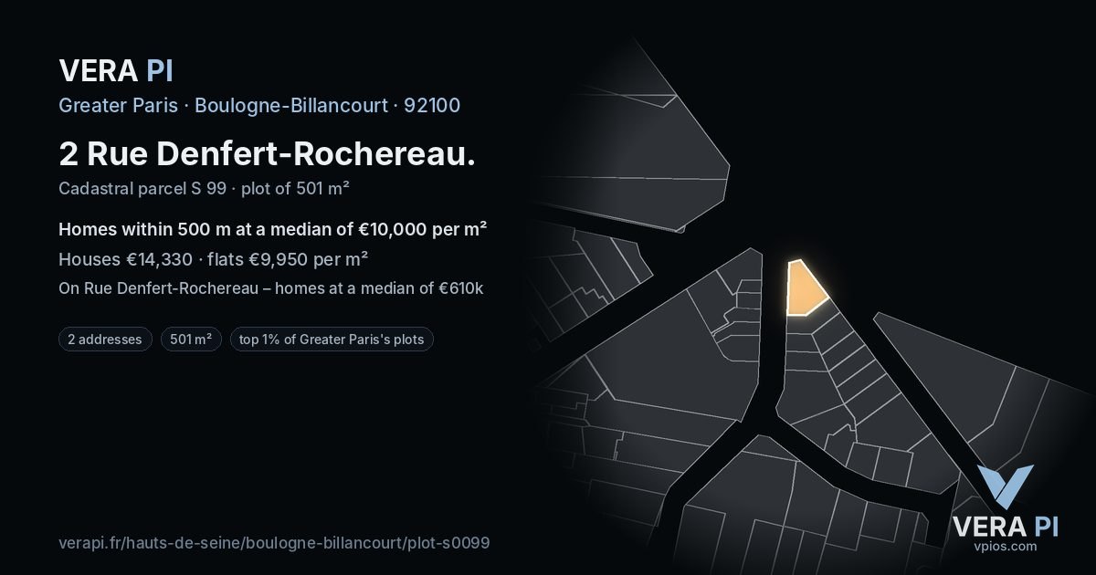 2 Rue Denfert-Rochereau, Boulogne-Billancourt at night – the plot lit, the parcels around coloured by the prices near them