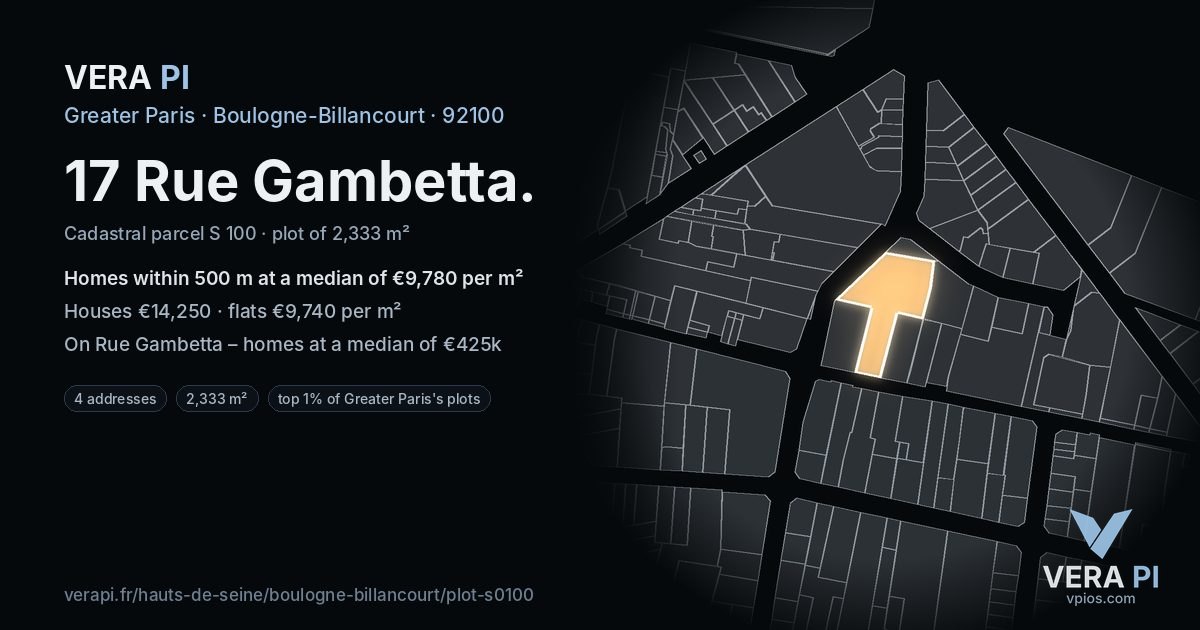 17 Rue Gambetta, Boulogne-Billancourt at night – the plot lit, the parcels around coloured by the prices near them