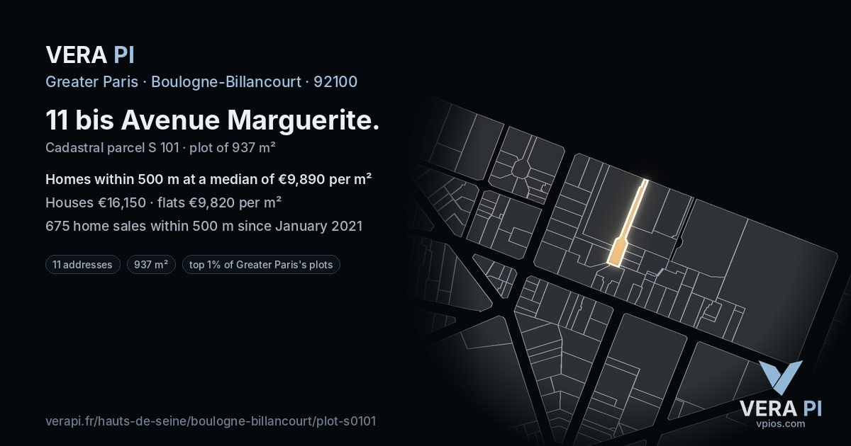 11 bis Avenue Marguerite, Boulogne-Billancourt at night – the plot lit, the parcels around coloured by the prices near them