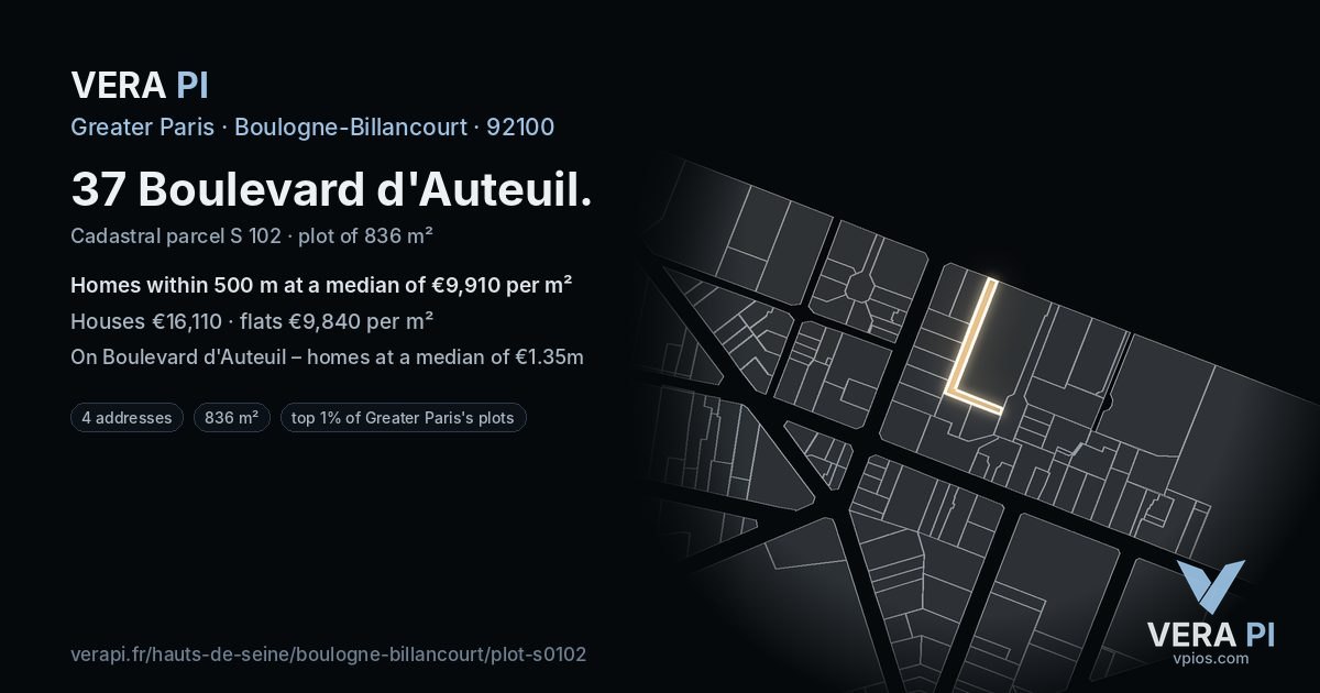 37 Boulevard d'Auteuil, Boulogne-Billancourt at night – the plot lit, the parcels around coloured by the prices near them