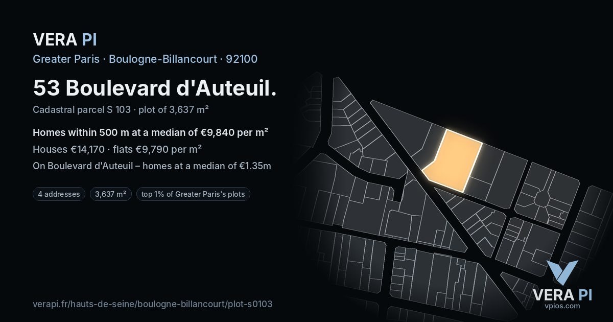 53 Boulevard d'Auteuil, Boulogne-Billancourt at night – the plot lit, the parcels around coloured by the prices near them
