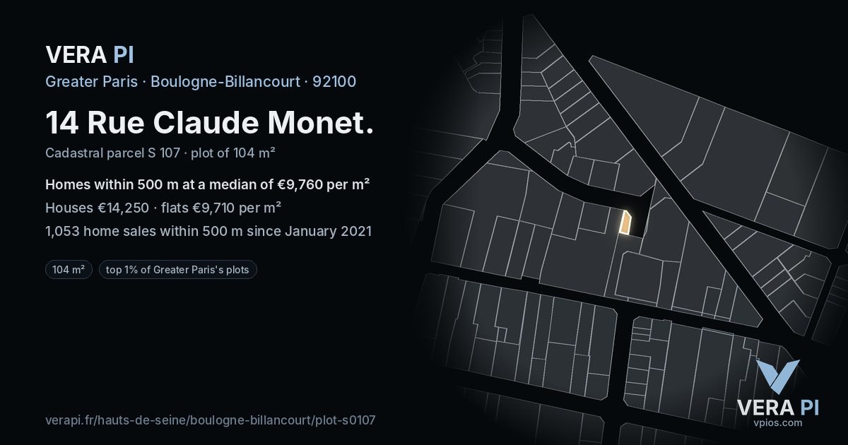 14 Rue Claude Monet, Boulogne-Billancourt at night – the plot lit, the parcels around coloured by the prices near them