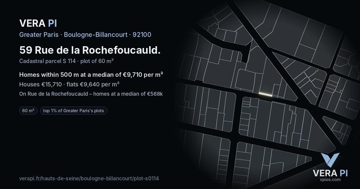 59 Rue de la Rochefoucauld, Boulogne-Billancourt at night – the plot lit, the parcels around coloured by the prices near them