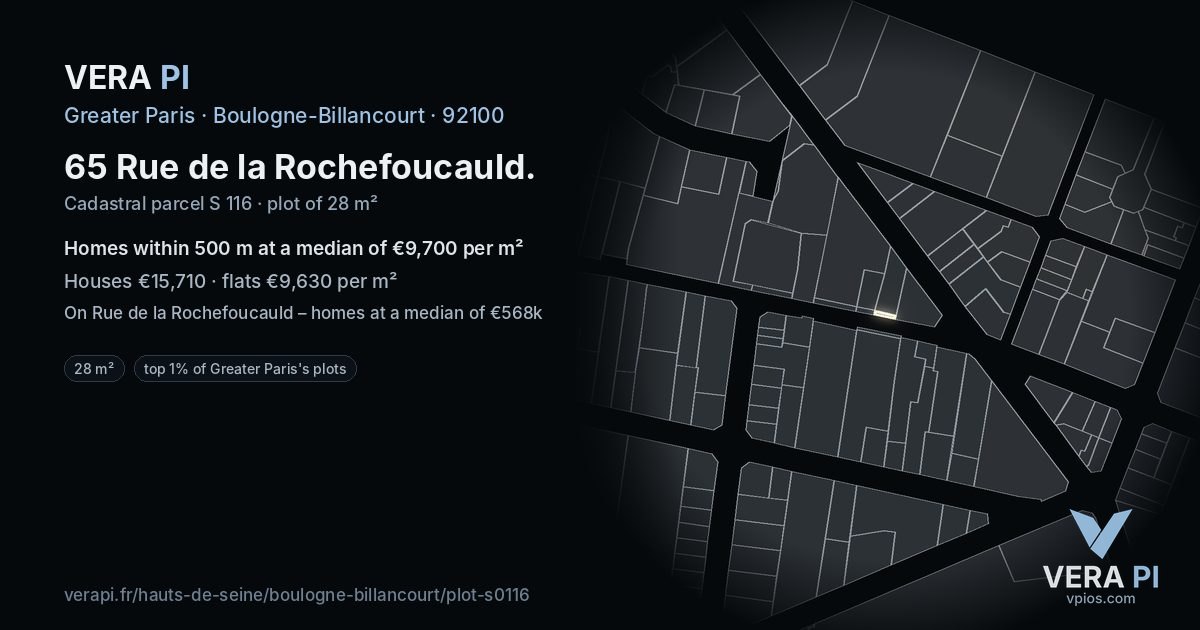 65 Rue de la Rochefoucauld, Boulogne-Billancourt at night – the plot lit, the parcels around coloured by the prices near them